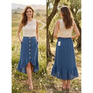 NWT Luxury  Steel Blue LINEN A-Line Midi Skirt Button Front Ruffle Hem Elastic S